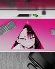 Hot pink anime girl desk pad 40x20 inches with soft gradients, high contrast, and shy-angry energy vibe.