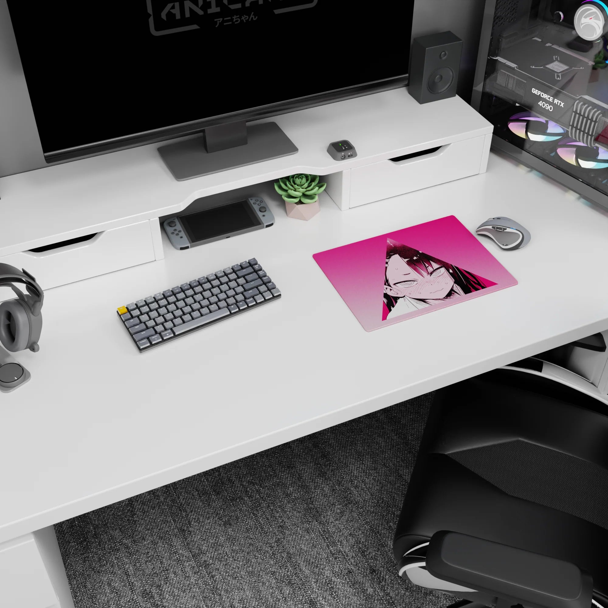 Blushing anime girl in neon pink triangle mouse pad 14x10 inches, sweat-drop detail and intense stare.