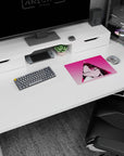 Blushing anime girl in neon pink triangle mouse pad 14x10 inches, sweat-drop detail and intense stare.