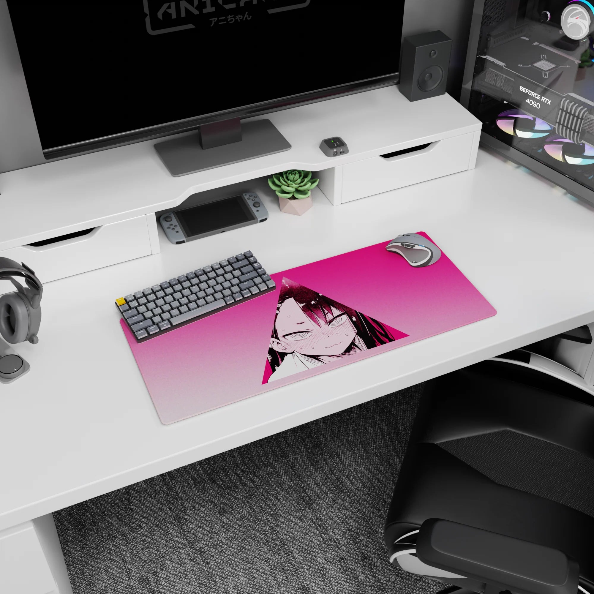 Close-up blushing anime girl glare in neon-pink triangle on mouse pad 28x12 inches, sweat-drop detail.