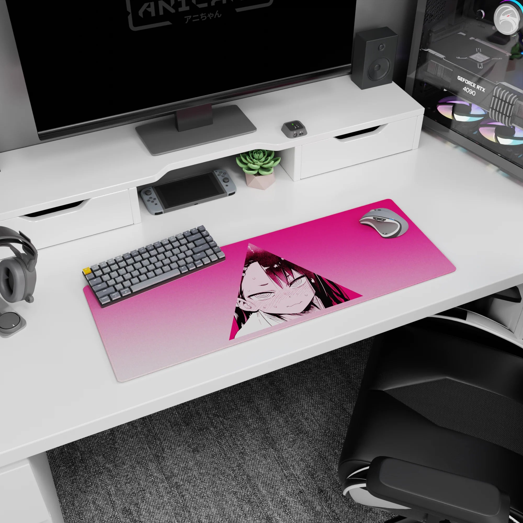 32x12 inches anime girl mouse pad showing a blushing, intense stare inside a neon pink triangle.