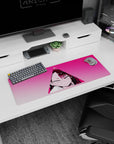 32x12 inches anime girl mouse pad showing a blushing, intense stare inside a neon pink triangle.