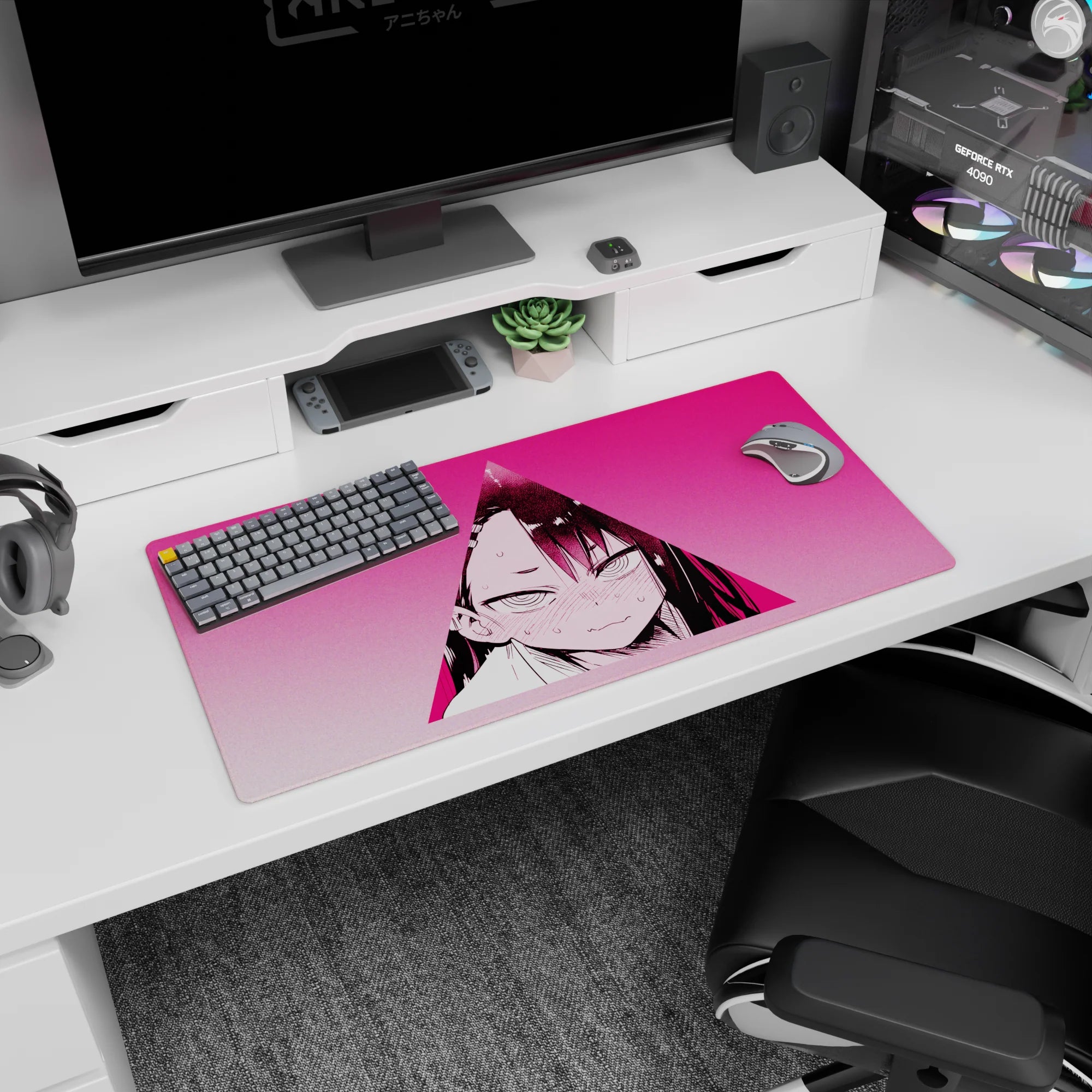 Anime girl mouse pad 32x16 inches featuring a blushing anime girl with sweat-drop detail in pink triangle.
