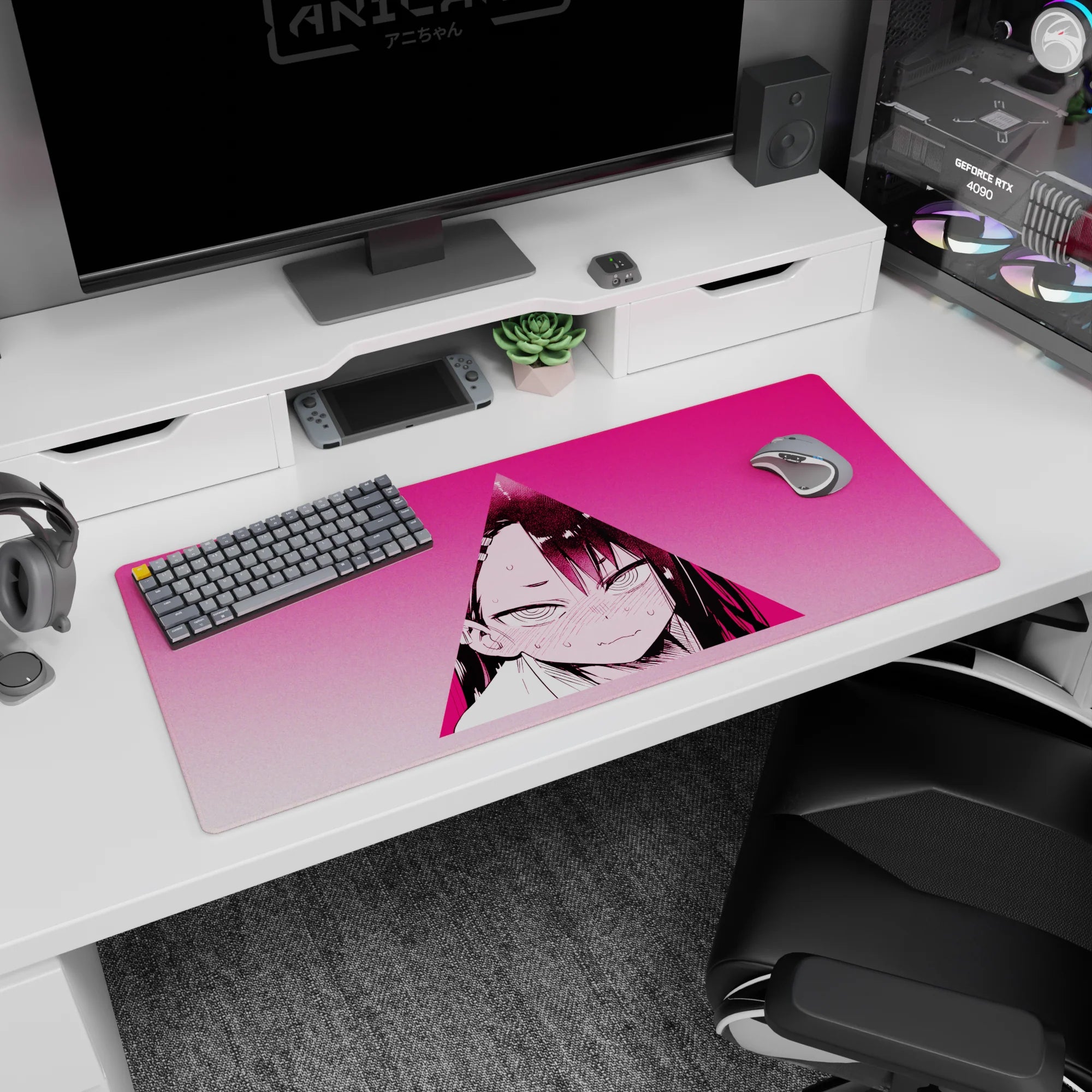 Close-up anime girl blushing glare with sweat-drop detail on desk pad 36x16 inches, neon triangle.