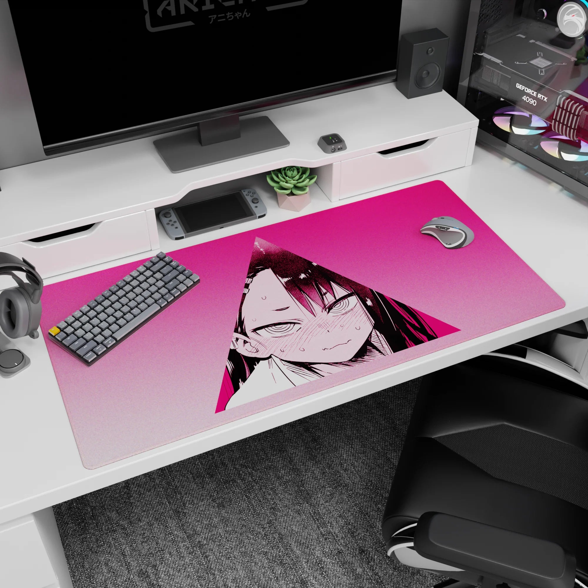 Close-up blushing anime girl glare in a neon pink triangle on a 40x20 inches desk pad, sweat-drop accent.