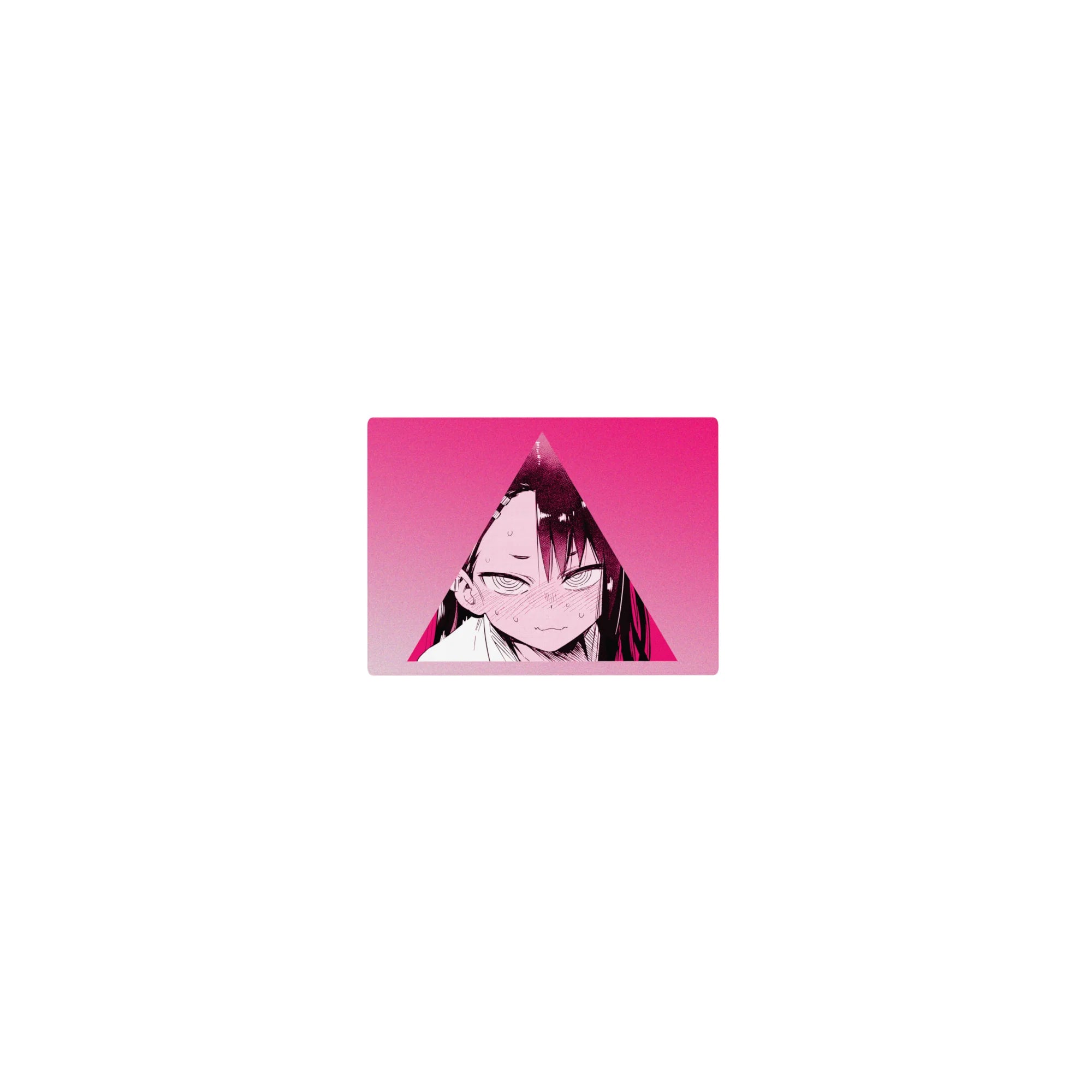 Classic anime girl mouse pad 14x10 inches with neon-pink triangle frame, crisp manga linework, blush stare.