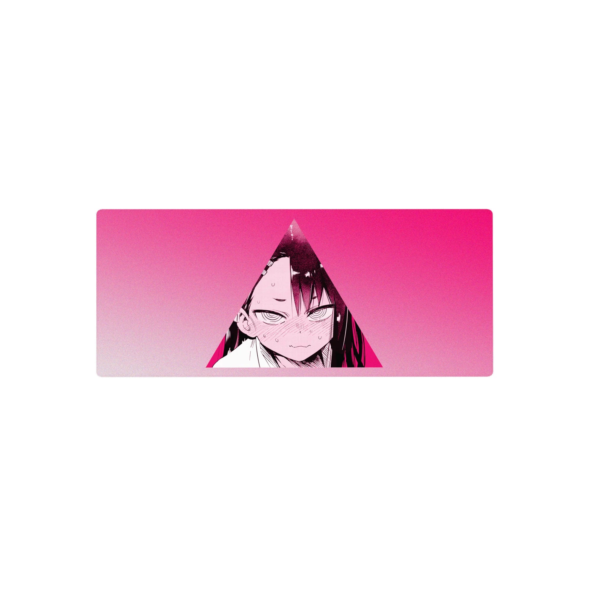Anime girl mouse pad 28x12 inches with neon-pink triangle frame, crisp manga linework, blush and sweat drop.