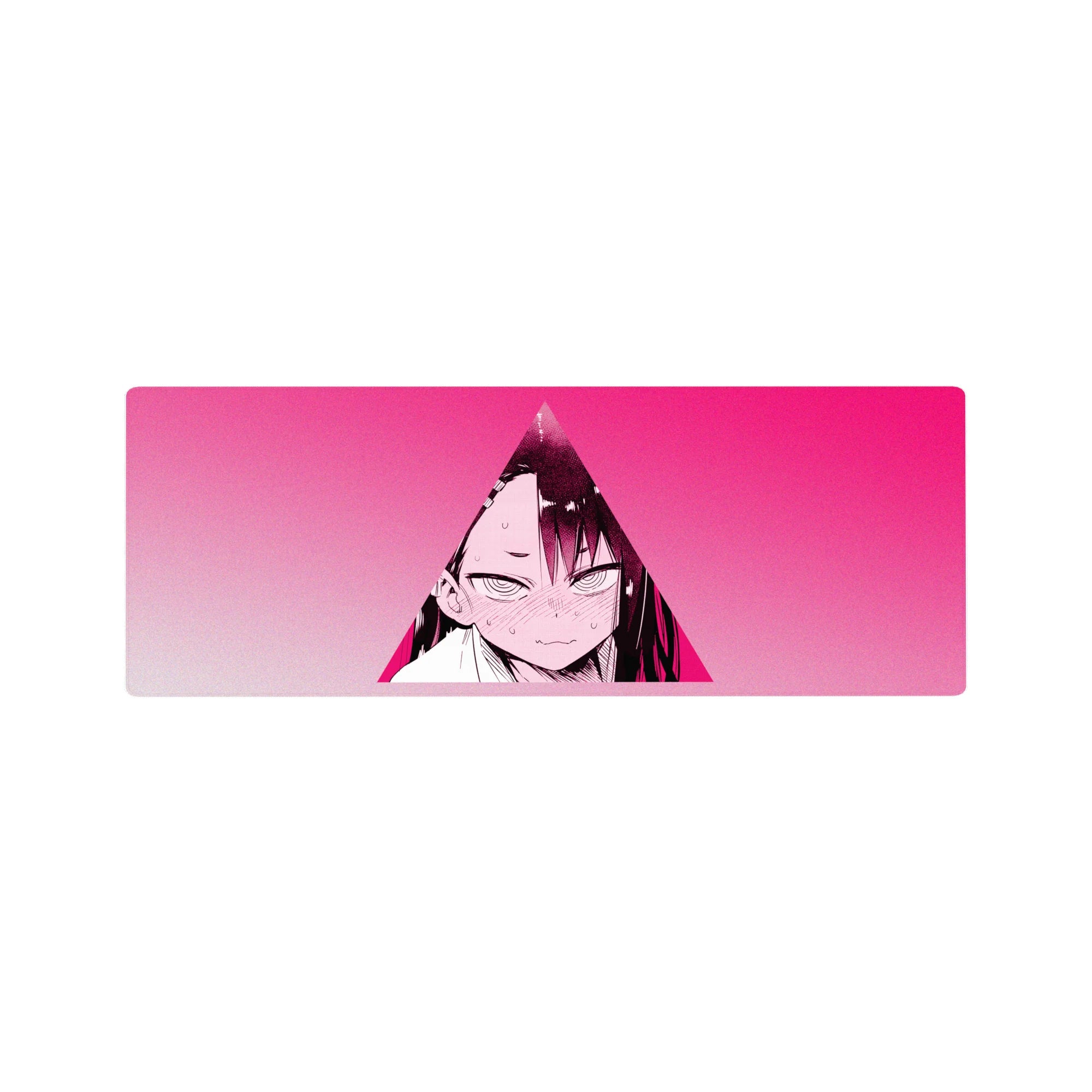 Anime girl mouse pad 32x12 inches with neon-pink triangle frame, crisp manga lines, blushing stare.
