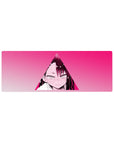 Anime girl mouse pad 32x12 inches with neon-pink triangle frame, crisp manga lines, blushing stare.