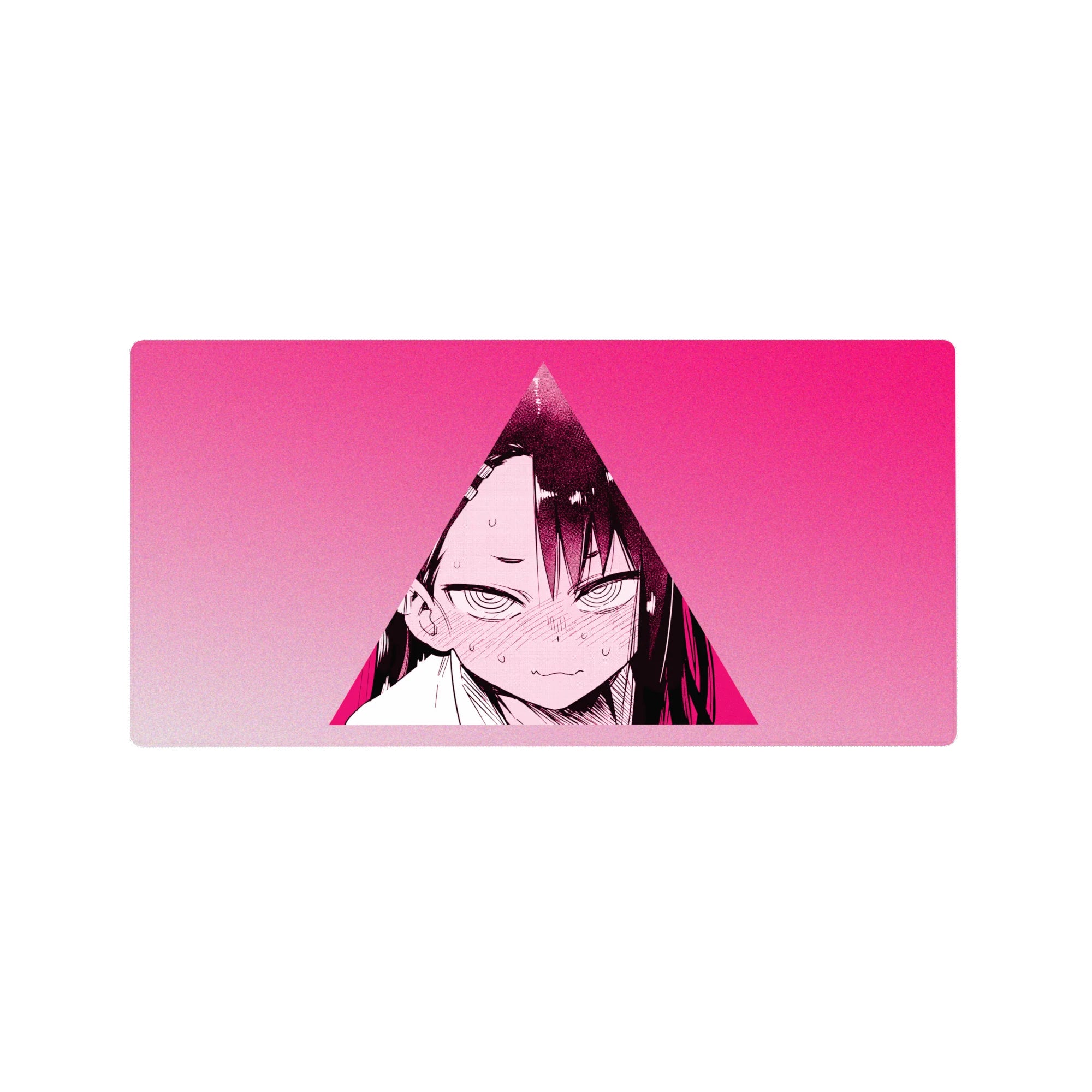 Anime girl mouse pad 32x16 inches with neon-pink triangle frame, crisp manga linework, blush stare.