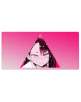 Anime girl mouse pad 32x16 inches with neon-pink triangle frame, crisp manga linework, blush stare.