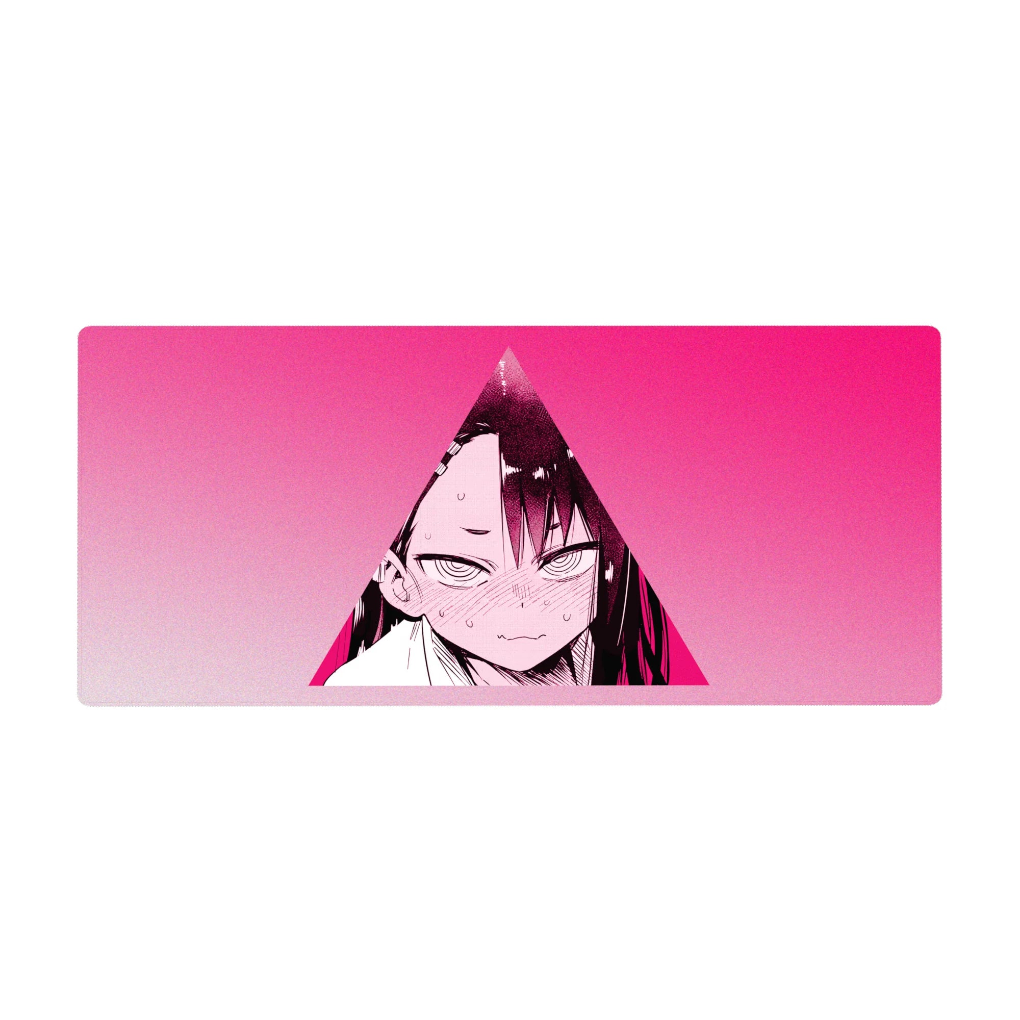 Anime girl desk pad 36x16 inches with neon-pink triangle frame, crisp manga lines, smooth tracking.