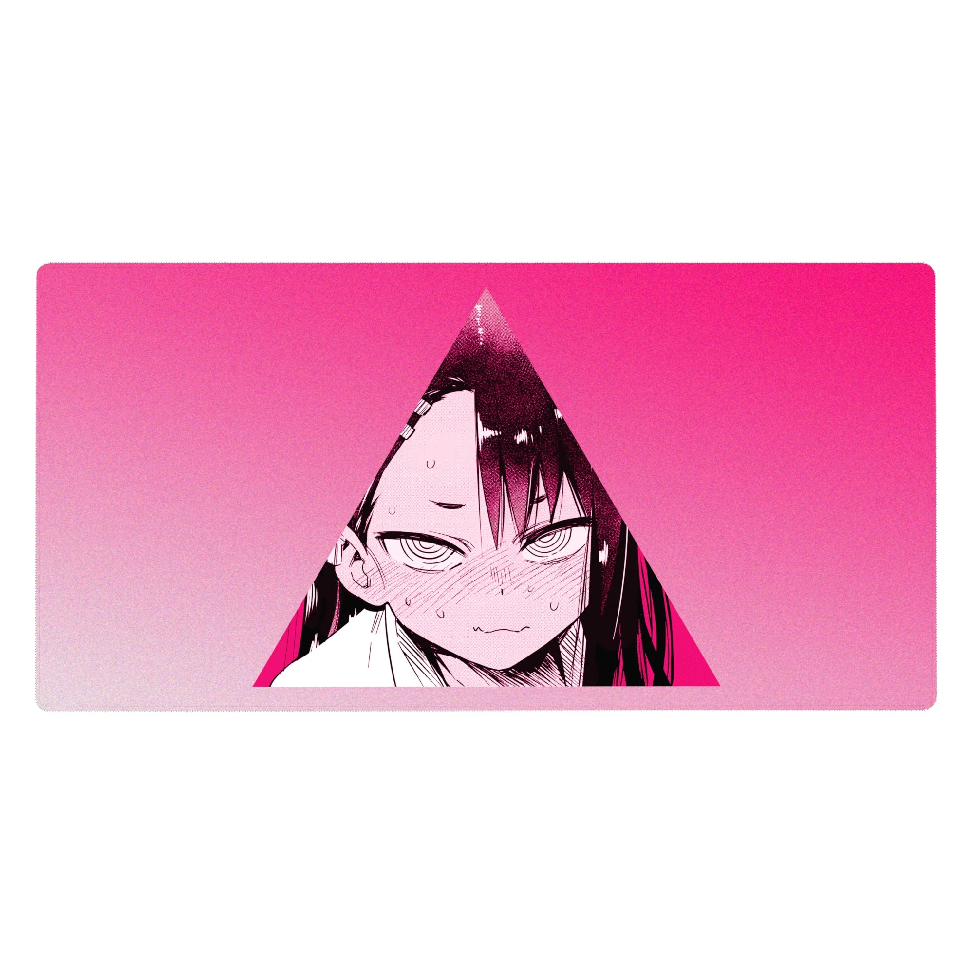 Anime girl desk pad 40x20 inches with neon-pink triangle frame, crisp manga linework, and sweat-drop detail.