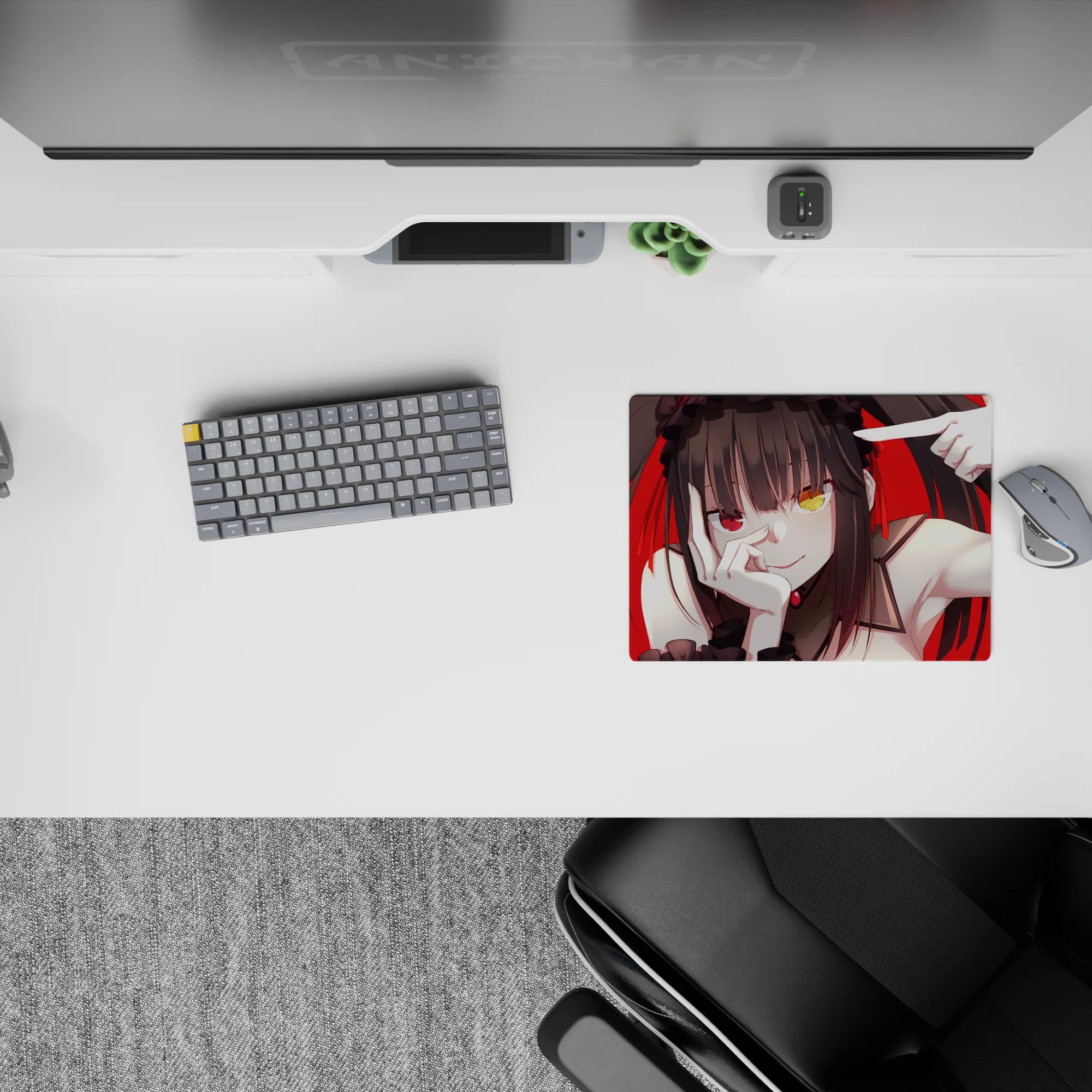 14x10 inches classic anime girl mouse pad in bold red and black, goth-cute vibe with mismatched eyes.