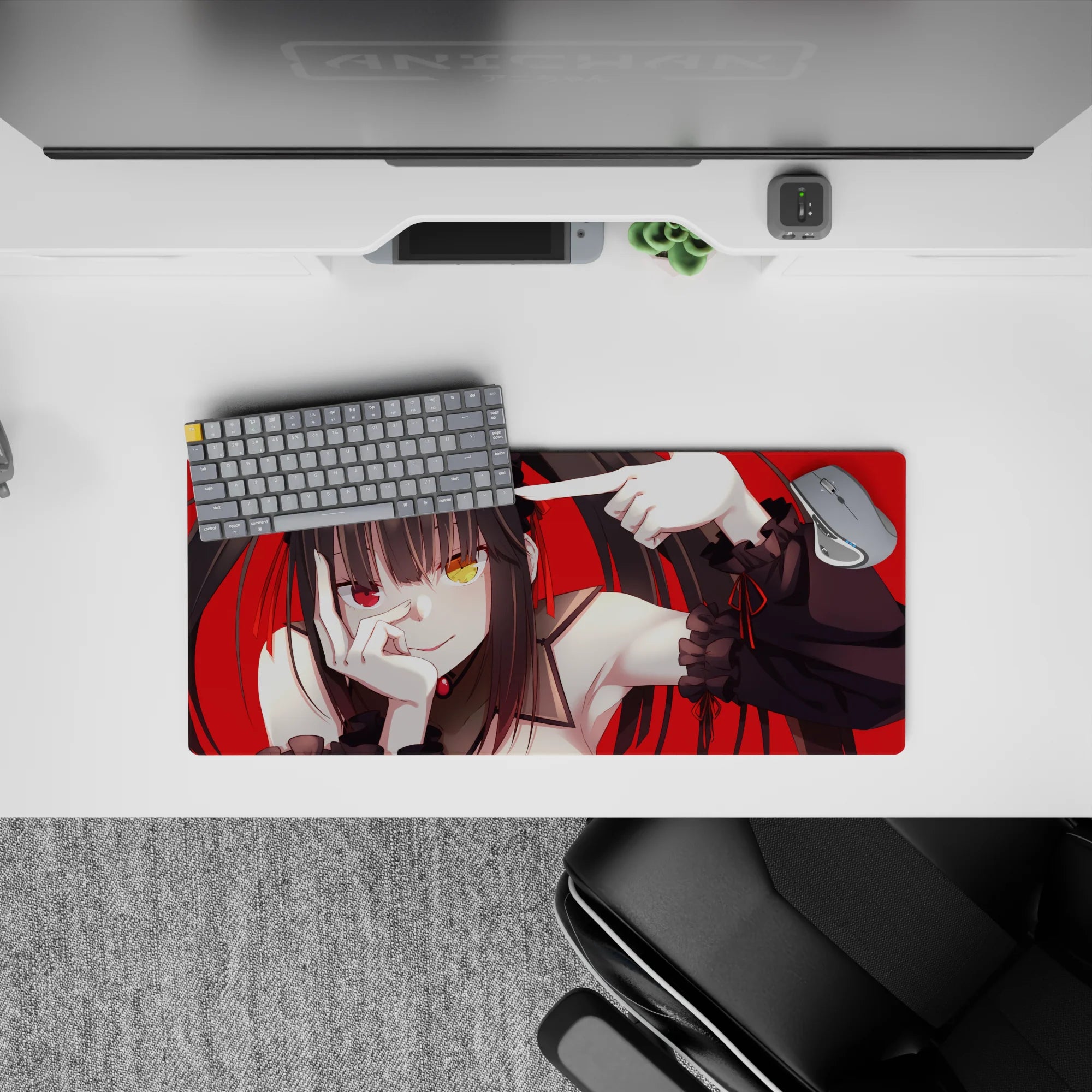 Red-and-black mischievous anime desk mat mouse pad 28x12 inches with heterochromia gold and crimson eyes.