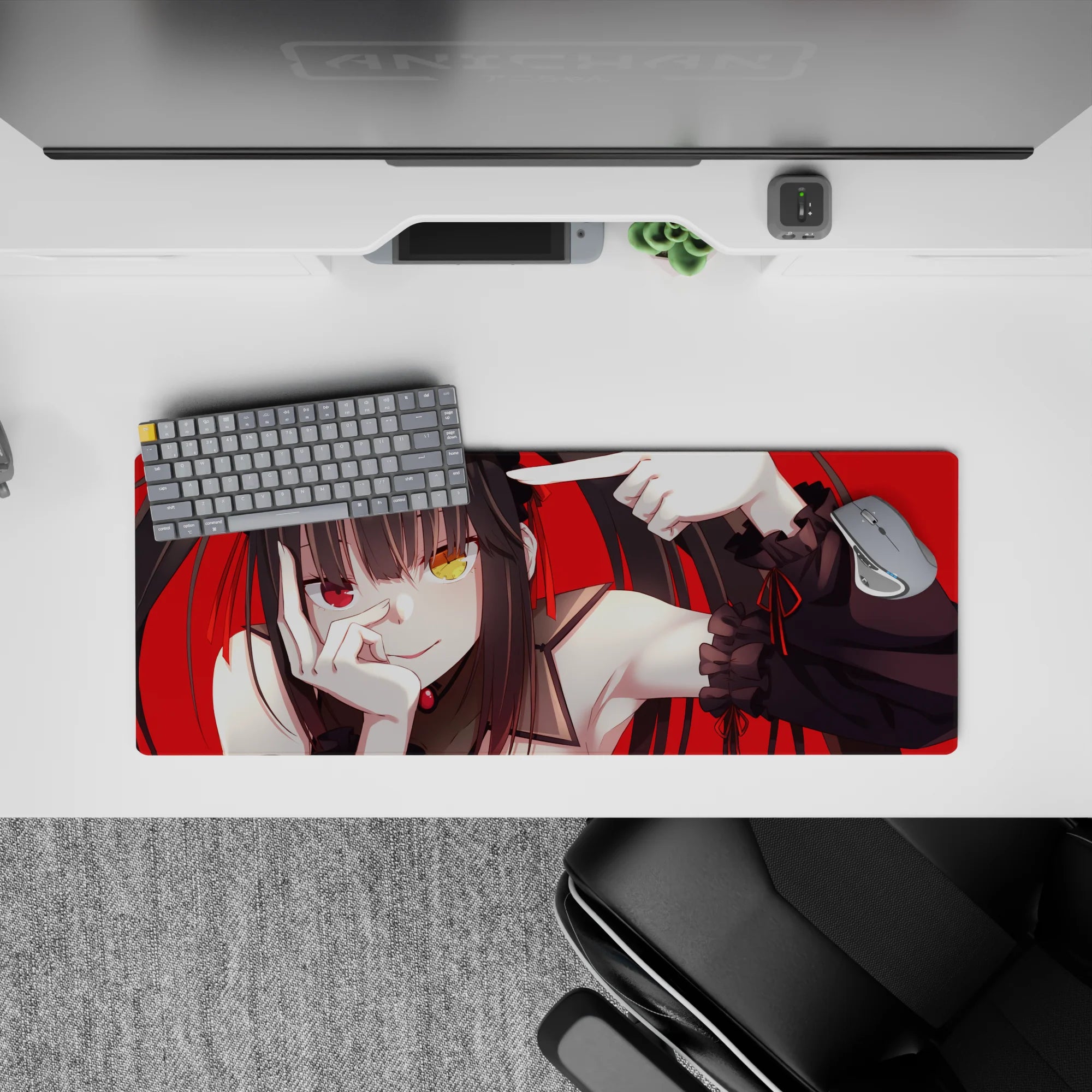 32x12 inches red-and-black anime desk mouse pad with playful goth vibe and striking mismatched eyes.