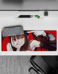32x12 inches red-and-black anime desk mouse pad with playful goth vibe and striking mismatched eyes.