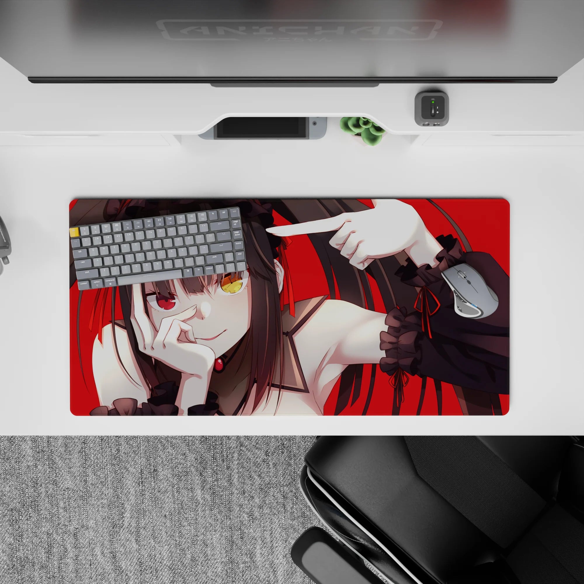 32x16 inches goth-cute anime mouse pad in red and black with teasing vibe and mismatched gold/crimson eyes.