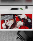 32x16 inches goth-cute anime mouse pad in red and black with teasing vibe and mismatched gold/crimson eyes.