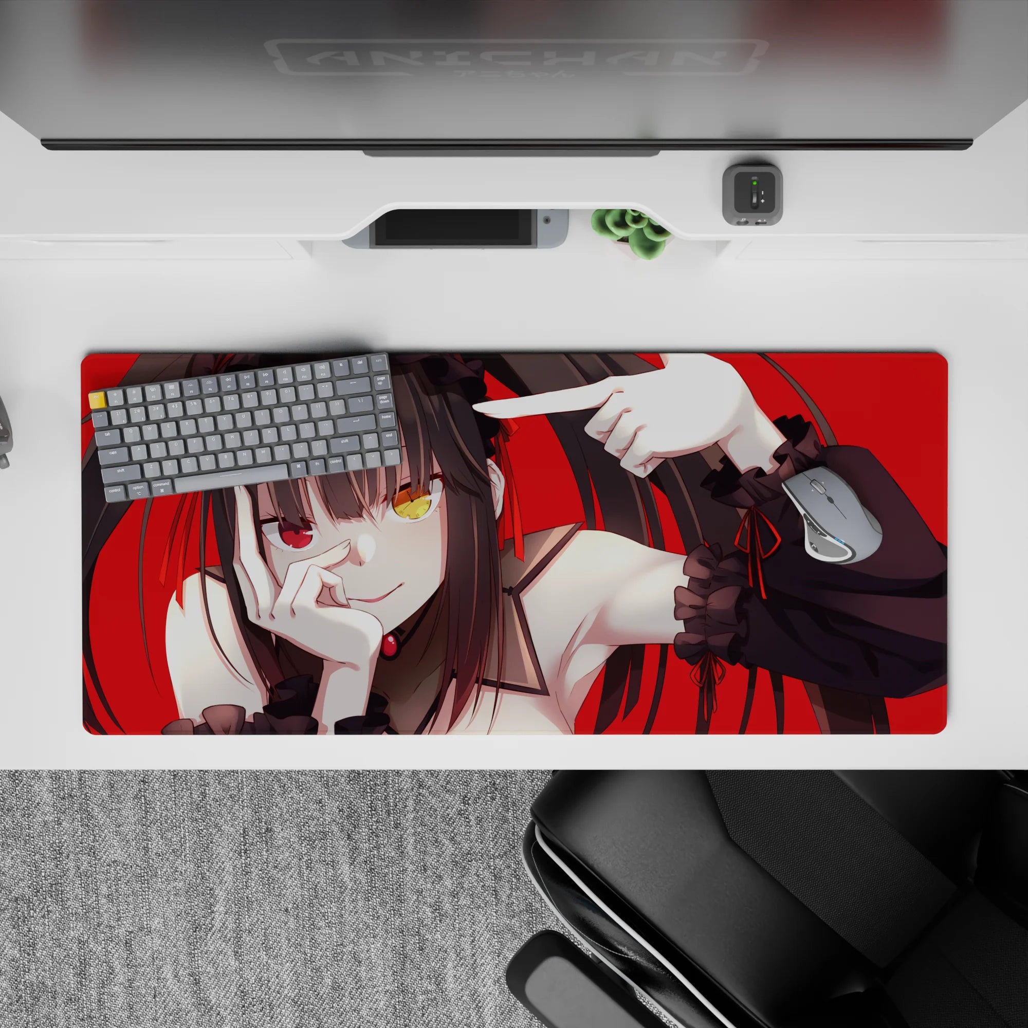 Goth-cute anime desk mat 36x16 inches in red and black, teasing vibe with mismatched gold and crimson eyes.