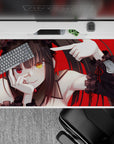 Goth-cute anime desk pad 40x20 inches in red and black, playful mischievous vibe with mismatched eyes.