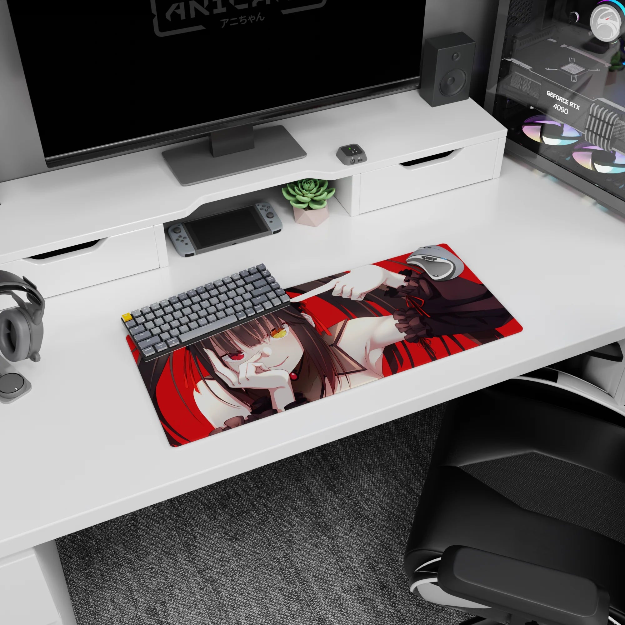 Anime girl with inky pigtails and mismatched eyes on red backdrop mouse pad 28x12 inches, teasing pose.