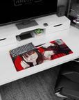 Anime girl with inky pigtails and mismatched eyes on red backdrop mouse pad 28x12 inches, teasing pose.