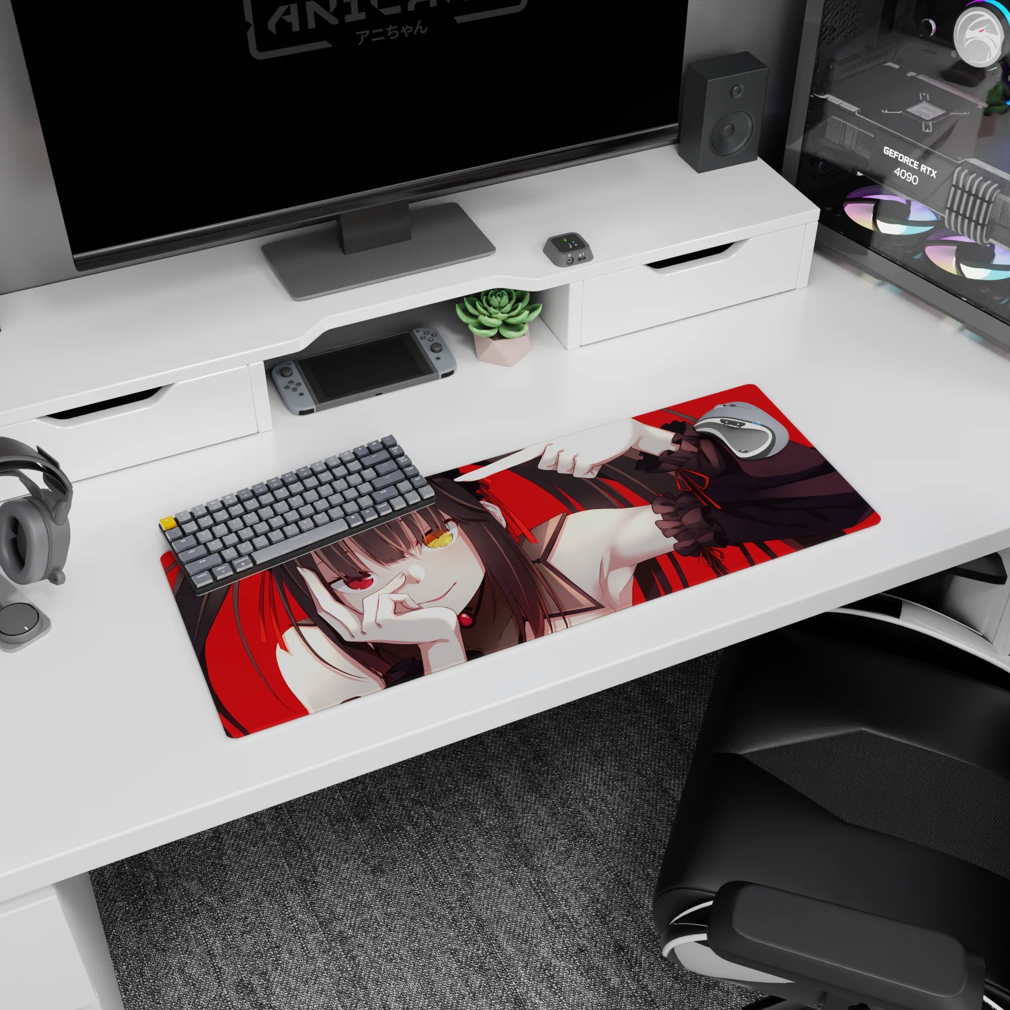 32x12 inches anime girl mouse pad showing twin-tailed girl with gold and crimson eyes on bold red.
