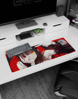 32x12 inches anime girl mouse pad showing twin-tailed girl with gold and crimson eyes on bold red.