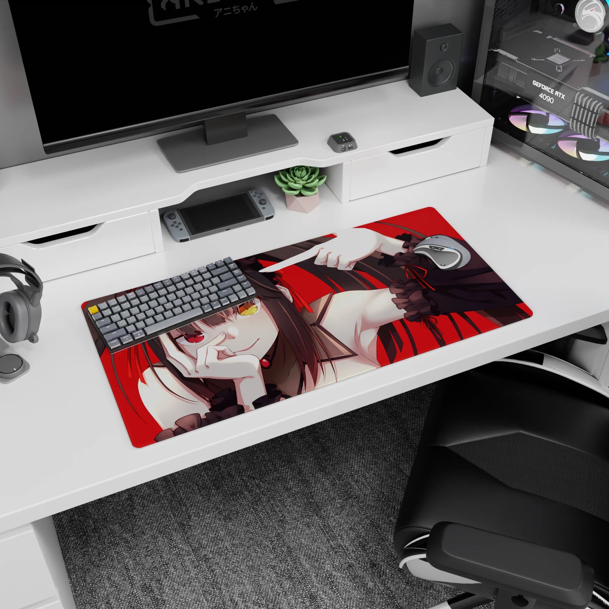 32x16 inches anime girl desk mat showing a twin-tailed girl with heterochromia against a red backdrop.