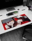 32x16 inches anime girl desk mat showing a twin-tailed girl with heterochromia against a red backdrop.