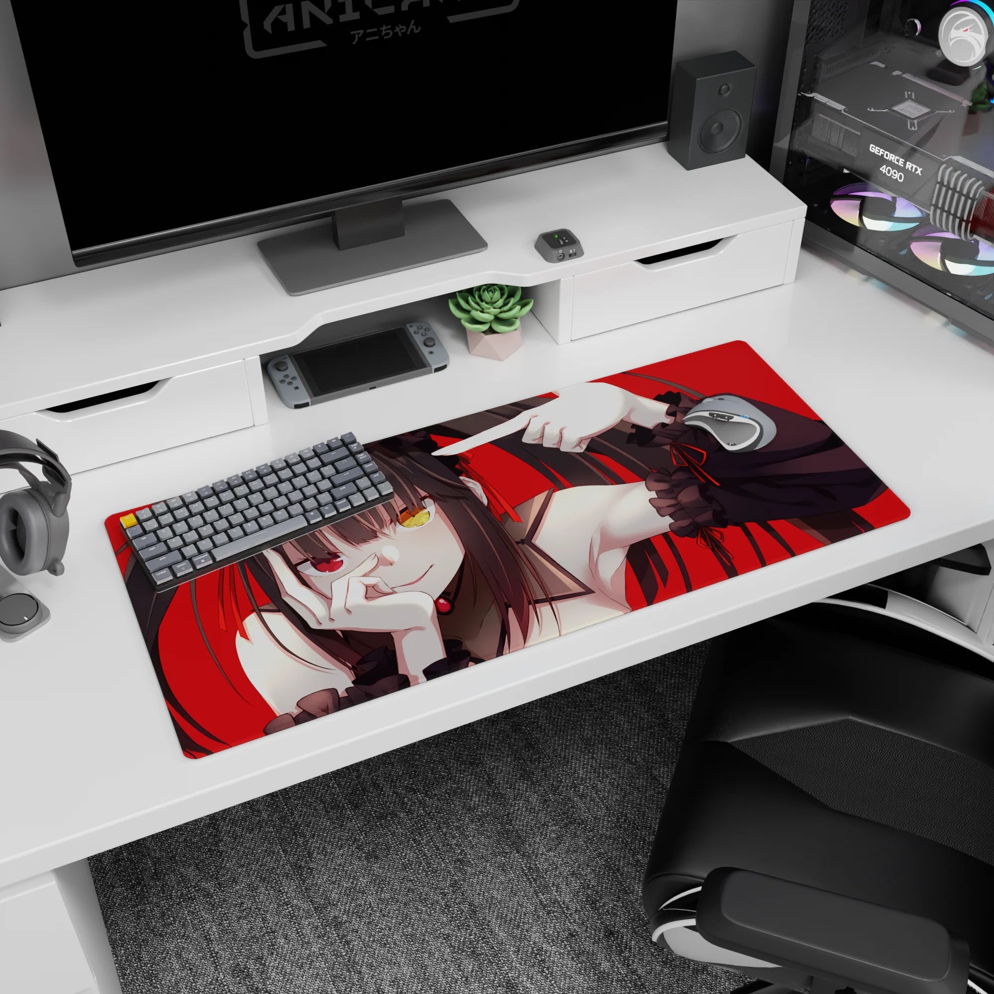 Anime girl mouse pad 36x16 inches featuring a twin-tailed goth character with heterochromia on a red backdrop.