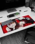 Anime girl mouse pad 36x16 inches featuring a twin-tailed goth character with heterochromia on a red backdrop.