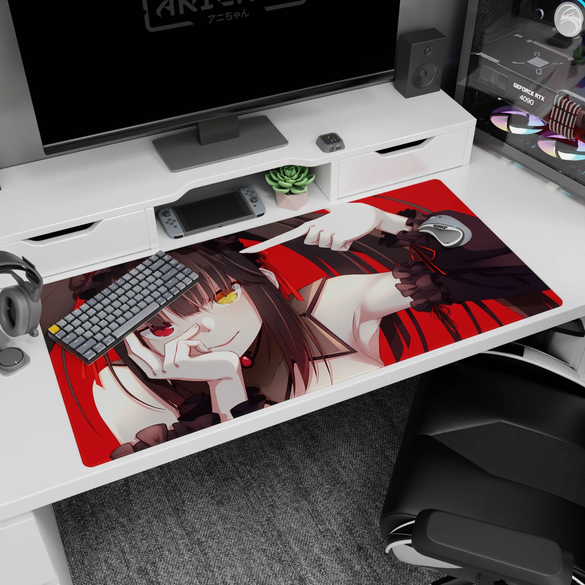 Anime girl with gold and crimson eyes on a 40x20 inches desk pad, teasing pose and inky twin tails.