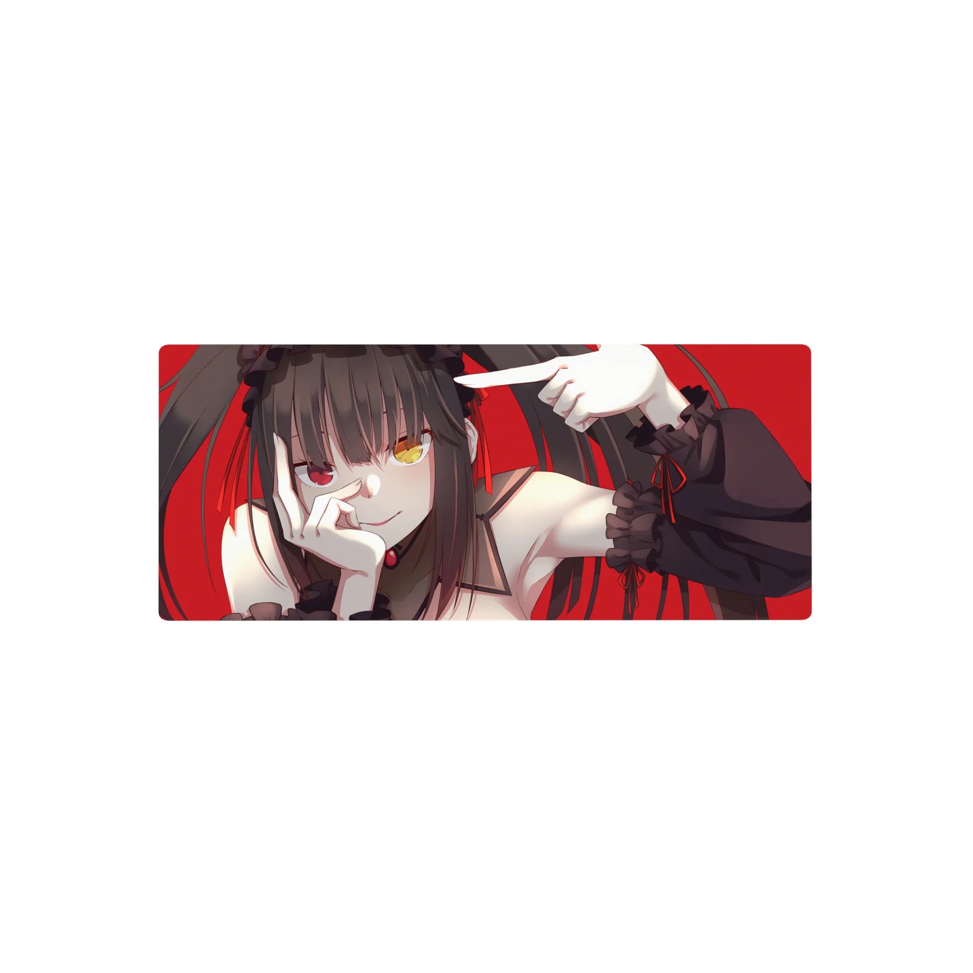 Goth-cute anime girl mouse pad 28x12 inches with twin tails, frilly black sleeves, and bold red background.