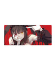 Goth-cute anime girl mouse pad 28x12 inches with twin tails, frilly black sleeves, and bold red background.