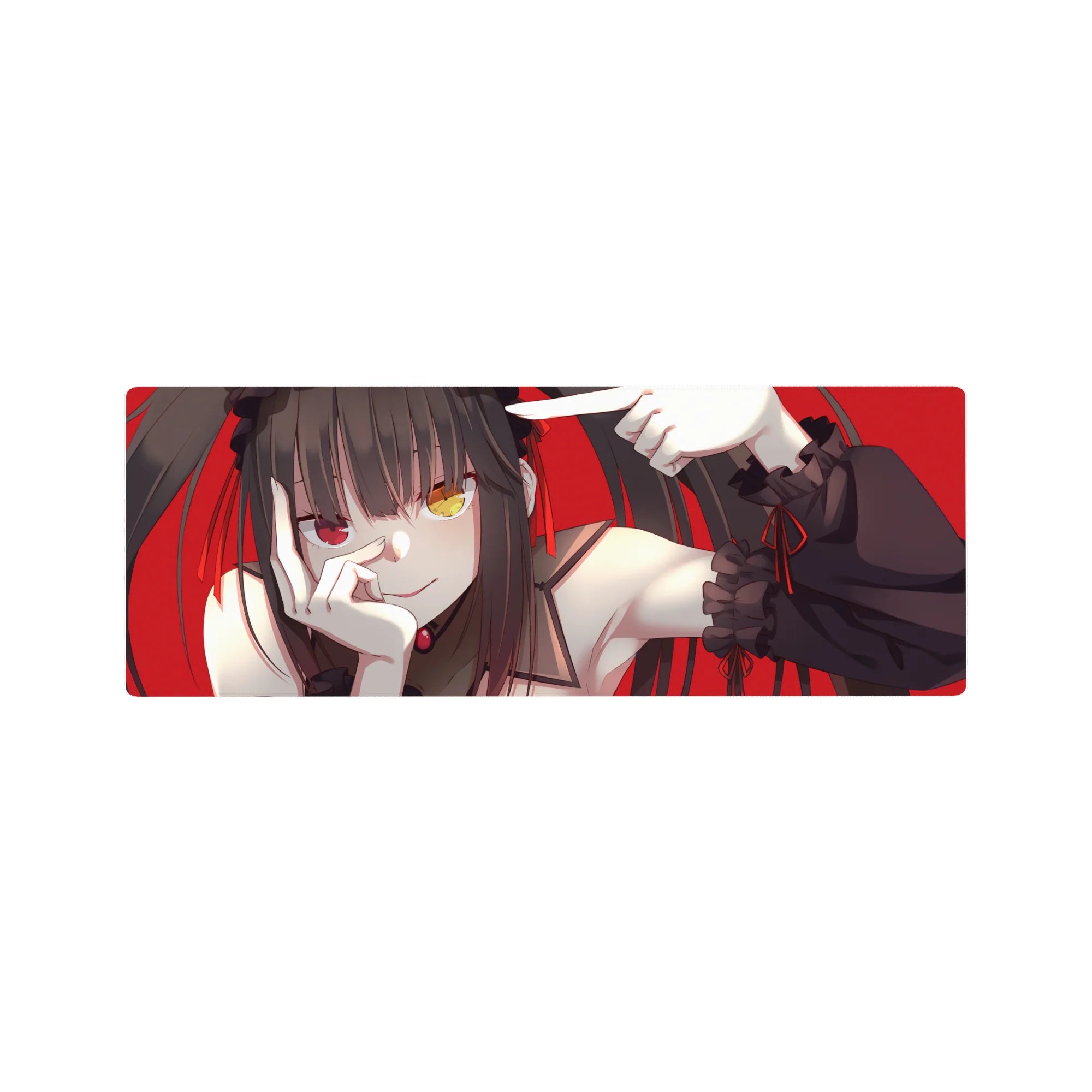 32x12 inches anime girl mouse pad with goth-cute art, twin tails, frilly black sleeves, red background.