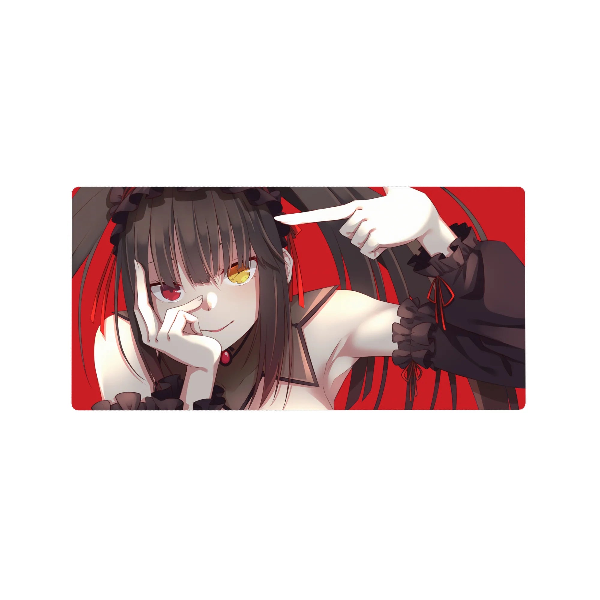 32x16 inches anime girl mouse pad with twin tails, frilly black sleeves, and bold red background.