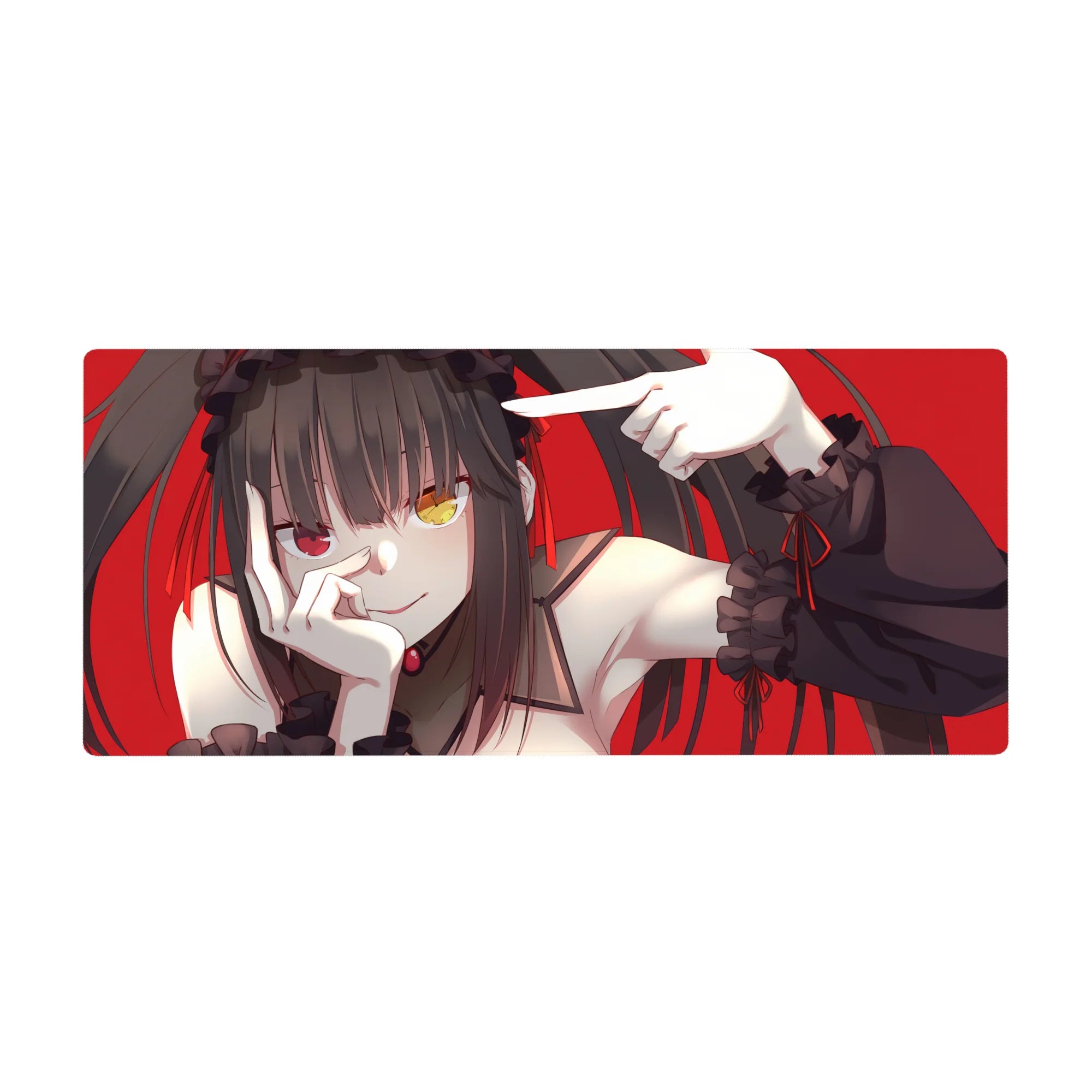 Anime girl desk pad 36x16 inches with twin tails, frilly black sleeves, and bold red background.