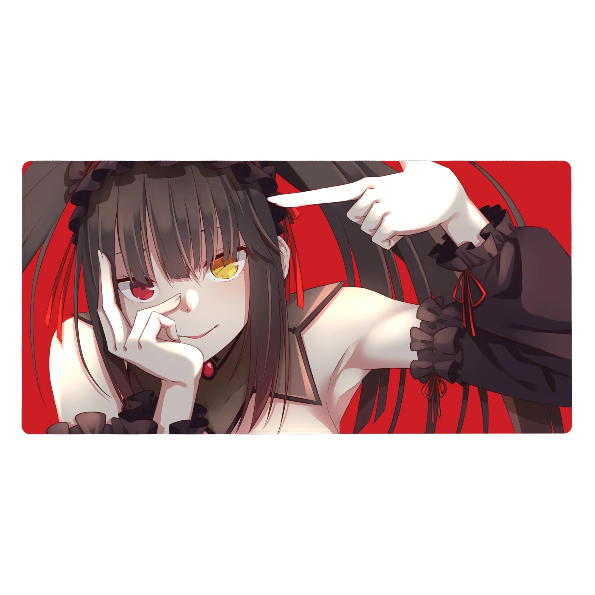 Anime girl desk pad 40x20 inches with twin tails, frilly black sleeves, and bold red background.