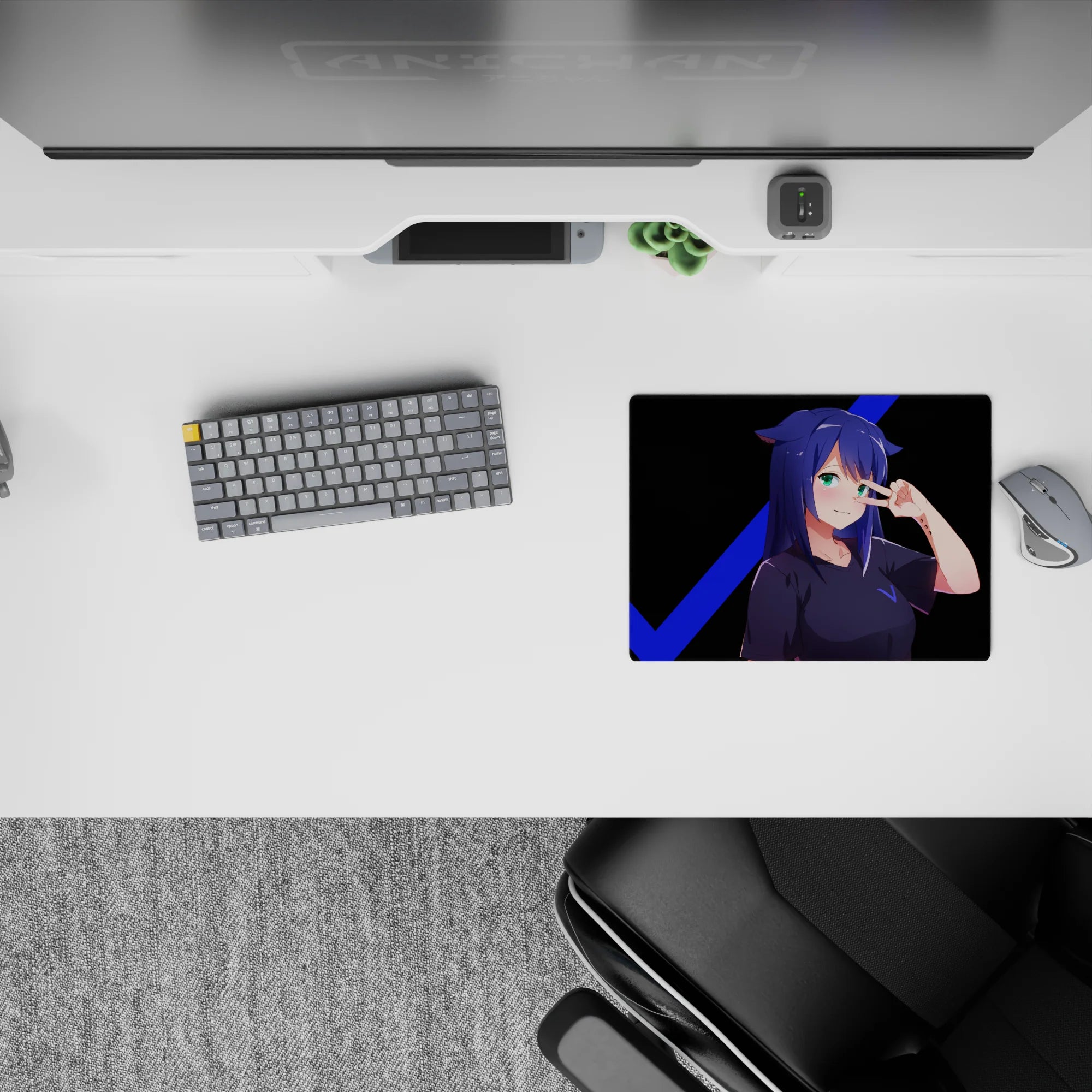 Teal-eyed anime girl mouse pad 14x10 inches in deep black with electric blue V lines, cheeky vibe.