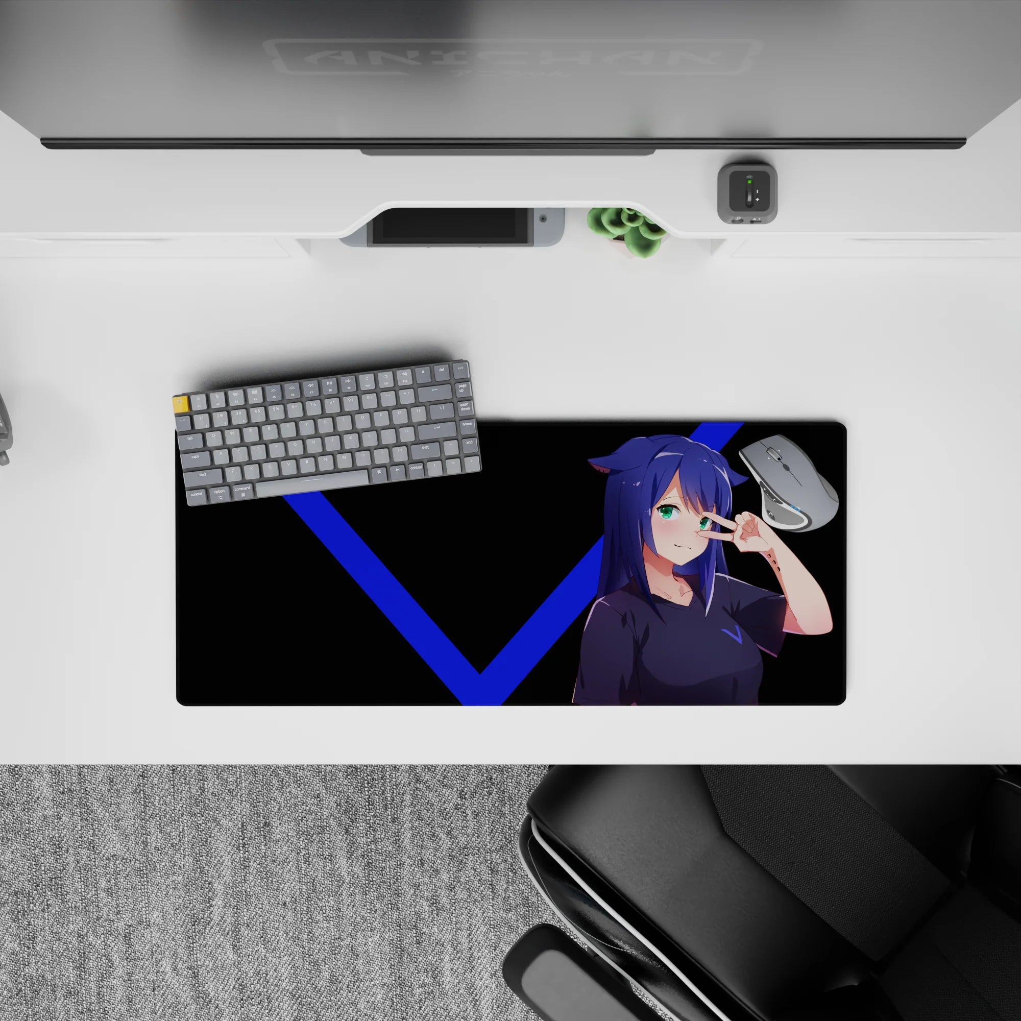 Black-and-blue anime girl mouse pad 28x12 inches, teal eyes, crisp contrast, cheeky gamer vibe.