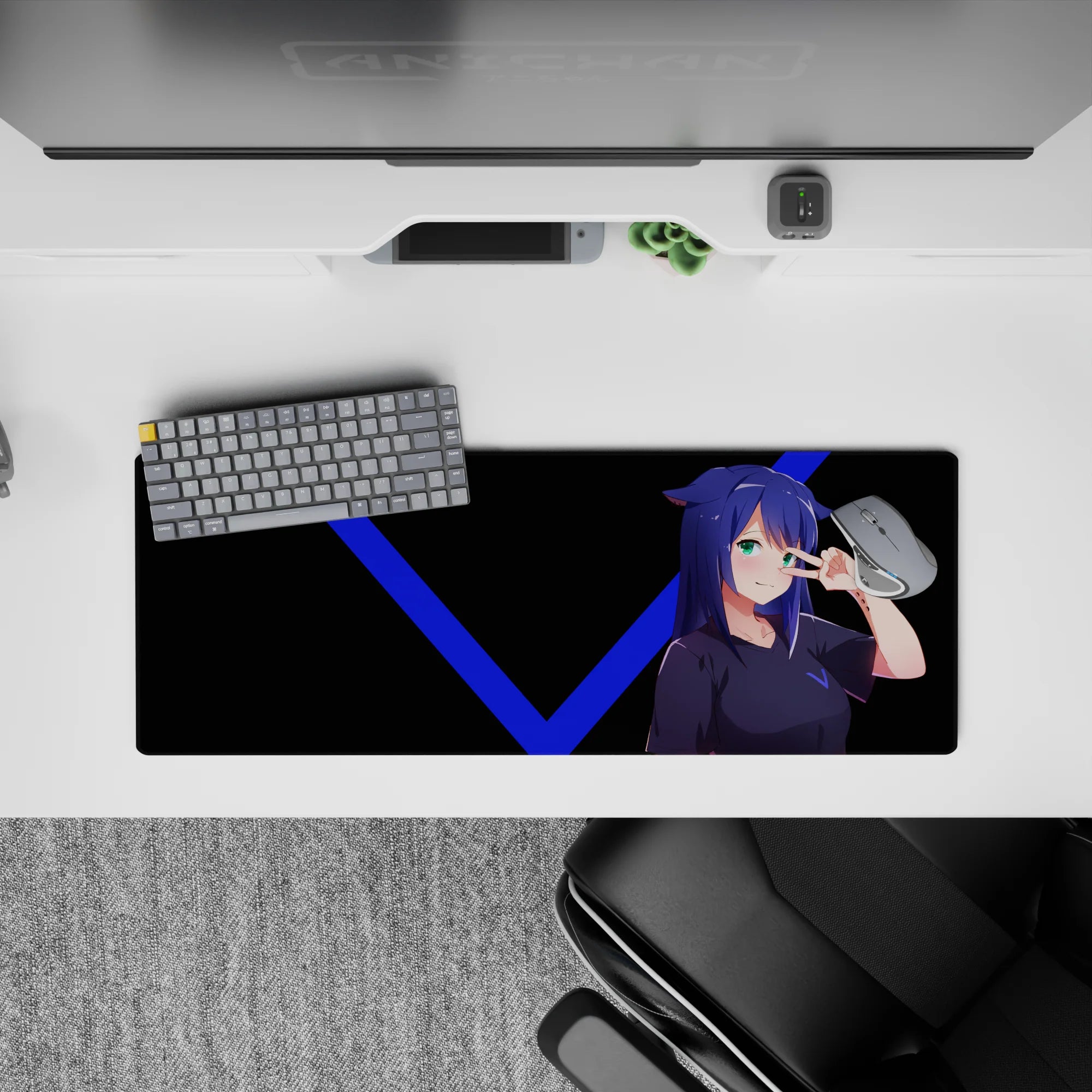 32x12 inches anime girl mouse pad in deep black with electric blue lines and teal eyes, cheeky vibe.