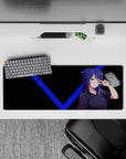 32x12 inches anime girl mouse pad in deep black with electric blue lines and teal eyes, cheeky vibe.