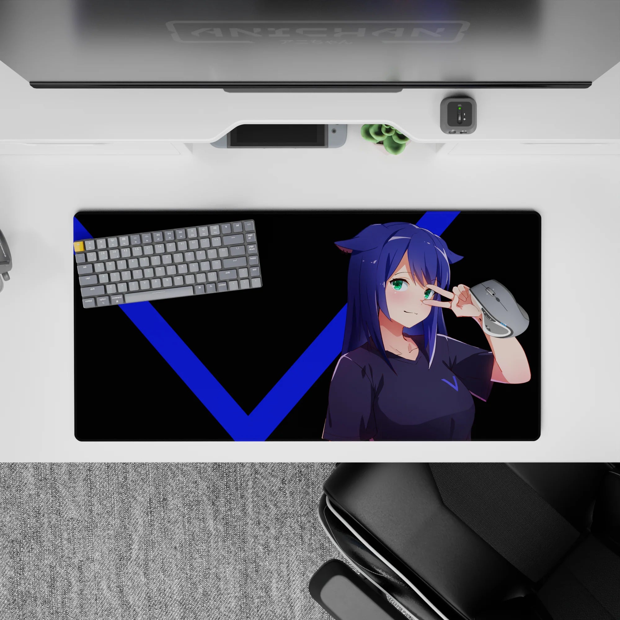 Electric blue and black anime girl mouse pad 32x16 inches, teal eyes pop, crisp cheeky gamer desk vibe.