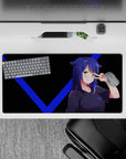 Electric blue and black anime girl mouse pad 32x16 inches, teal eyes pop, crisp cheeky gamer desk vibe.