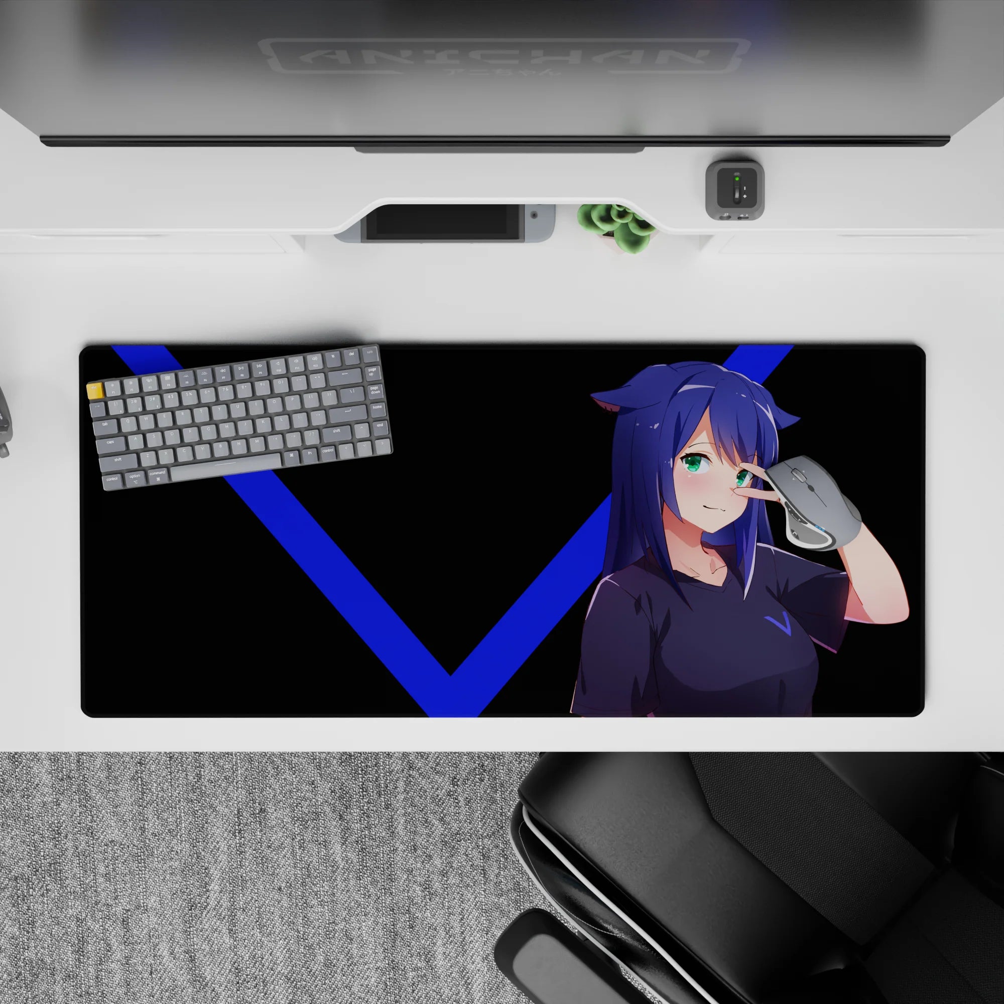36x16 inches anime girl desk pad in deep black with electric blue lines, teal eyes, crisp cheeky vibe.