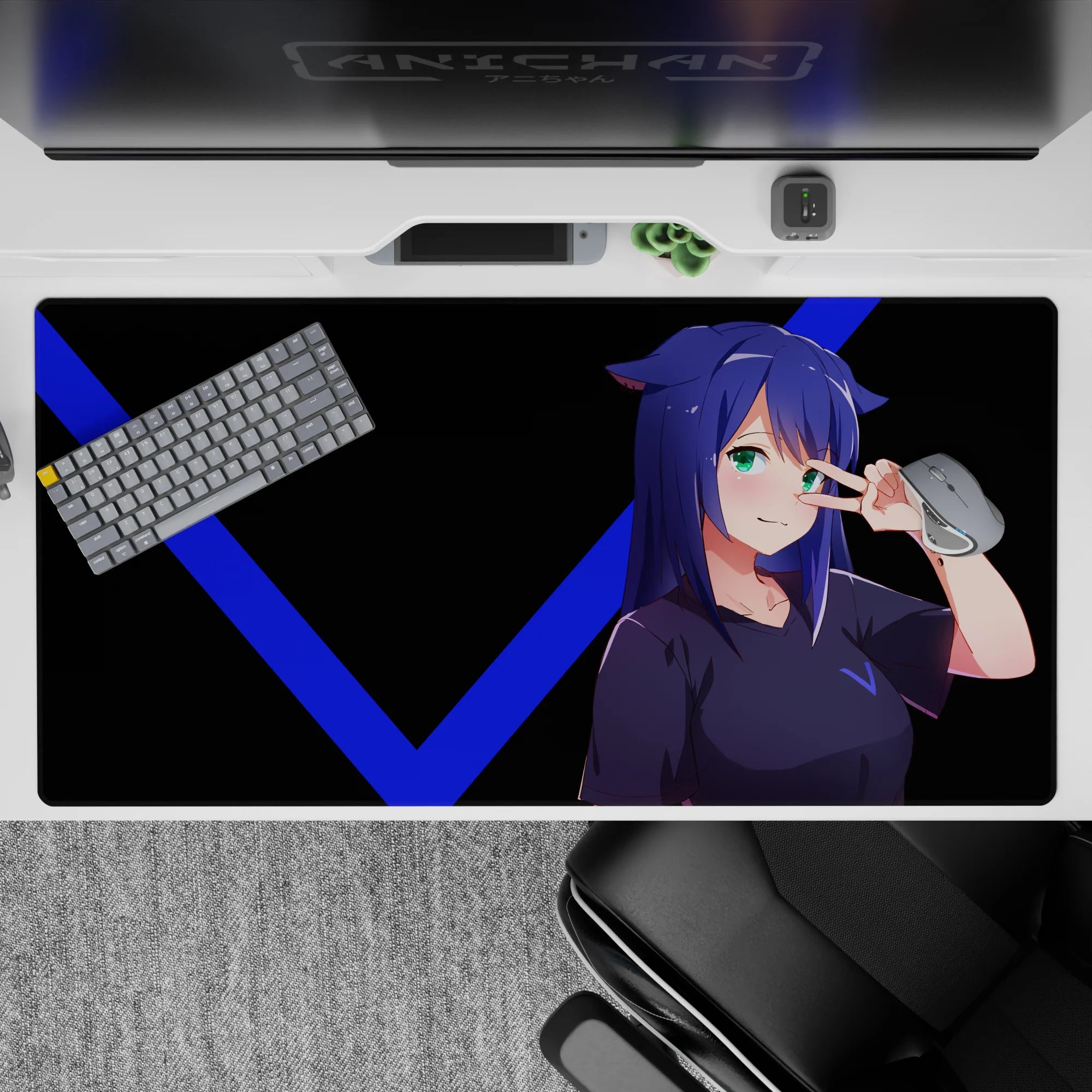 40x20 inches anime desk pad in deep black with electric blue V lines and teal eyes, cheeky focused vibe.