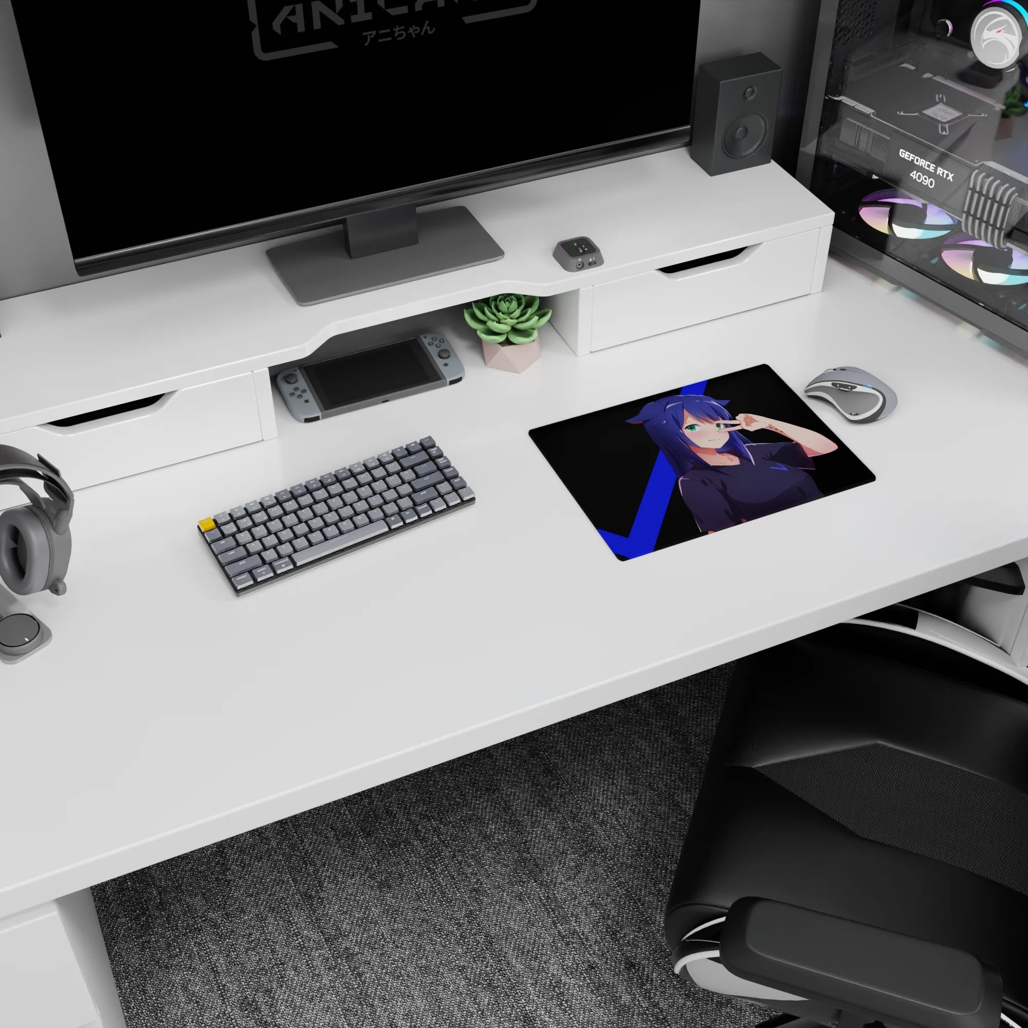 Cat-ear anime girl flashing a peace sign on a 14x10 inches mouse pad, crisp art for gaming desks.