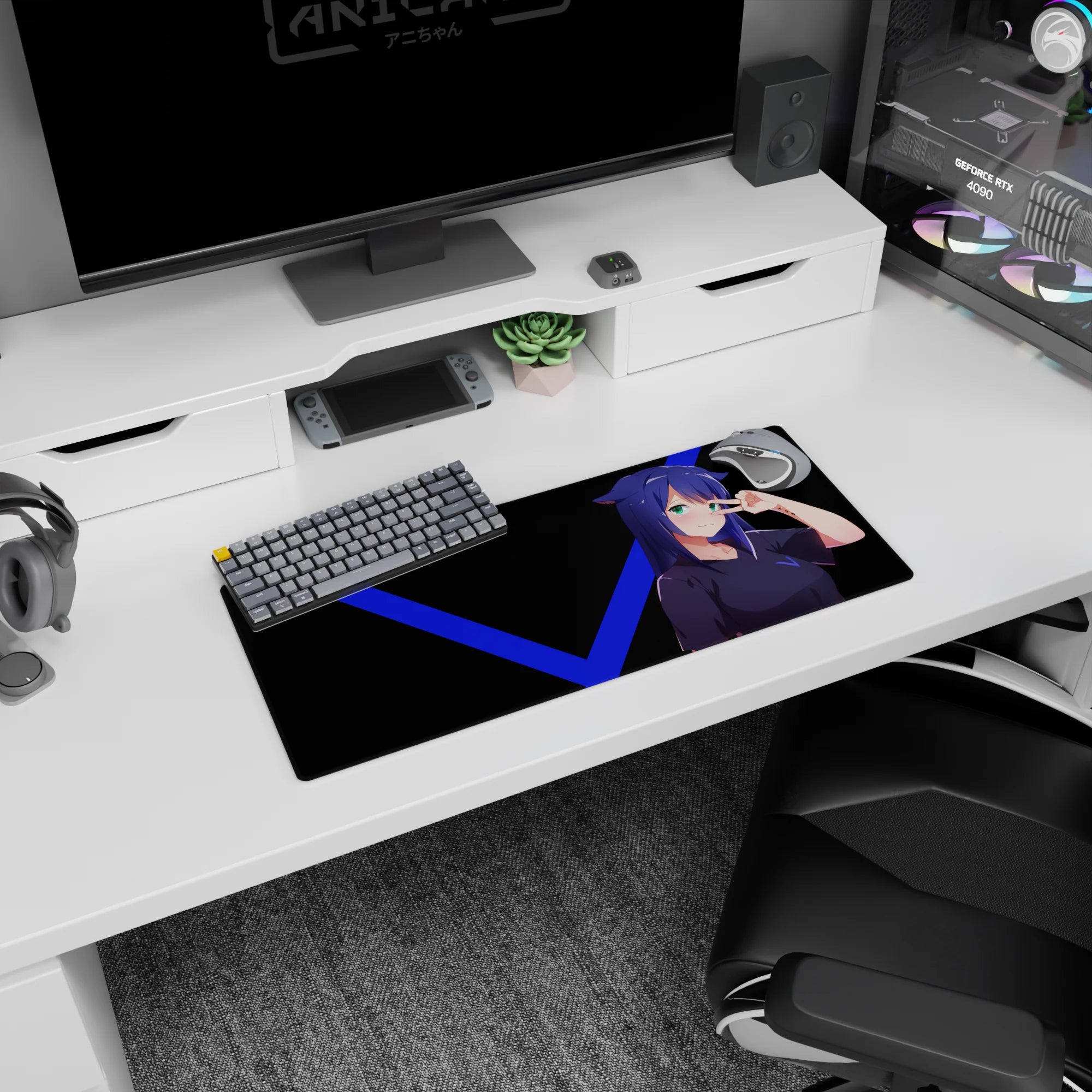 Cat-ear anime girl flashing a peace sign on mouse pad 28x12 inches, teal eyes on dark background.